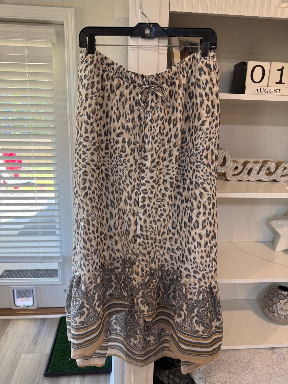 Leopard Print Maxi Skirt with Contrast Hem in Beige